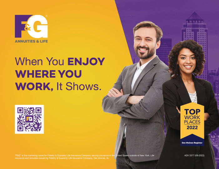 advertisement for F&G as a top workplace in 2022 feaeturing two people dressed in business attire